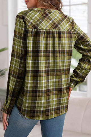 Plaid V-Neck Button-Front Long Sleeve Shirt