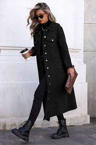 Long Sleeve Button-Front Denim Maxi Coat