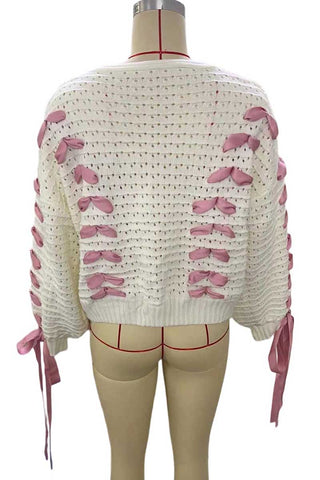 Bow Detail V-Neck Puff Sleeve Cardigan