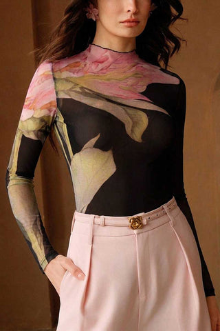 Floral Sheer Mesh Mock Neck Top