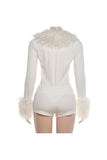 Fuzzy Trim Cutout Long Sleeve Short Set