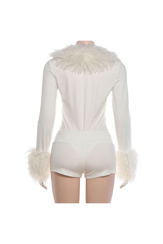 Fuzzy Trim Cutout Long Sleeve Short Set