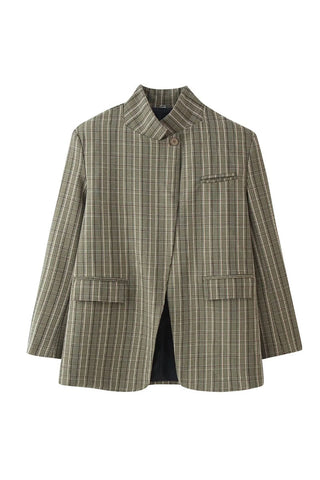 Plaid Stand-Collar Single-Button Blazer