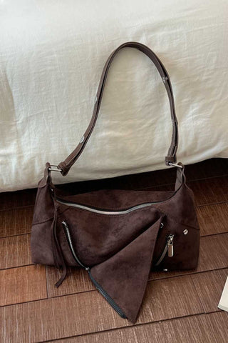 Suede Zipper Detail Slouchy Shoulder Bag