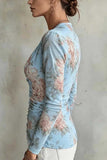 Sheer Floral Ruched Cowl Neck Top