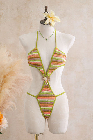 Striped Ring Cutout Halter Swimsuit