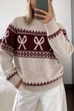 Bow Motif Fair Isle Crew Neck Sweater