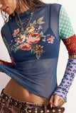 Sheer Mesh Floral Patchwork Mock Neck Top