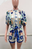Floral Belted Puff-Sleeve Romper