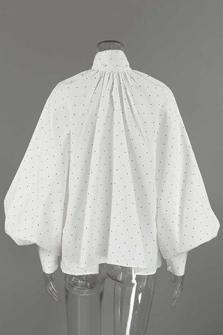 Polka Dot Puff Sleeve Mock Neck Blouse