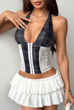 Plaid Halter Lace Corset Tank Top