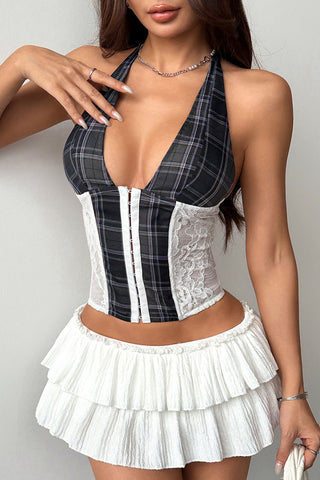 Plaid Halter Lace Corset Tank Top