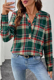 Plaid V-Neck Button-Front Long Sleeve Shirt
