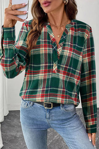 Plaid V-Neck Button-Front Long Sleeve Shirt