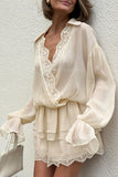 Sheer Lace V-Neck Ruffle Mini Dress