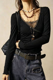 Lace Trim V-Neck Long Sleeve Top