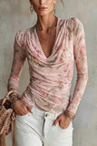 Sheer Floral Ruched Cowl Neck Top