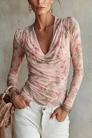 Sheer Floral Ruched Cowl Neck Top