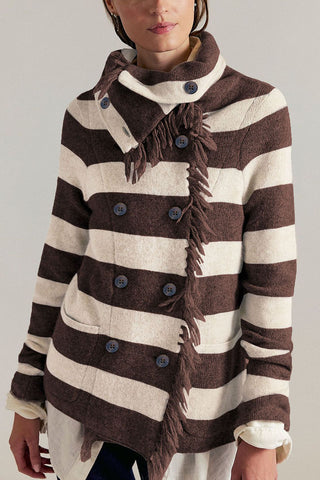 Striped Fringe Trim Button-Front Cardigan