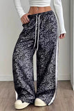 Leopard Print Side Stripe Drawstring Casual Pants