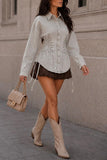 Lace-Up Side Button-Front Long Sleeve Shirt