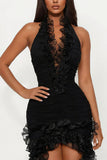 Ruched Halter Ruffle High-Low Casual Dress