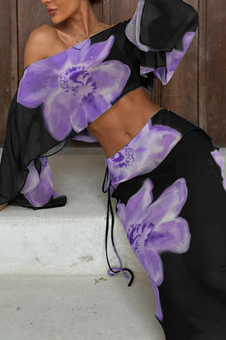 Sheer Floral Off-Shoulder Maxi Skirt Set