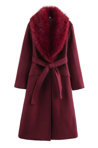 Faux Fur Collar Tie-Waist Midi Coat