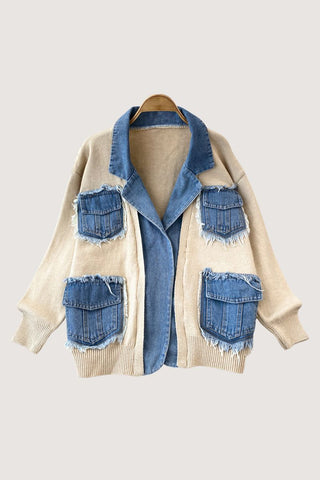 Distressed Pocket Cardigan with Denim Trim