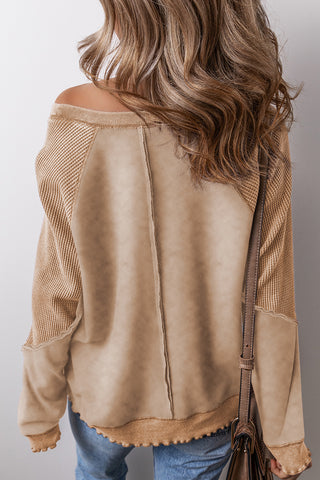 Waffle Knit Patchwork Raglan Sleeve Top