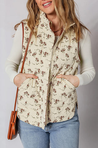 Floral Print Quilted Zip-Up Vest