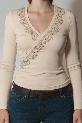 Pattern Wrap-Style Long Sleeve Top