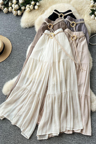 Tiered Wide Leg Pants with Belted Waist