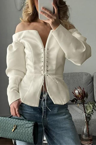 Off-Shoulder Lace-Up Blouse