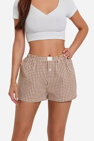 Button-Front Gingham Casual Shorts