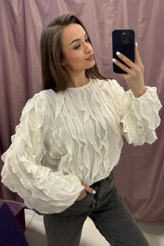 Ruffle-Sleeve Textured Blouse