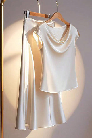 Elegant Draped Top and Flared Skirt Set