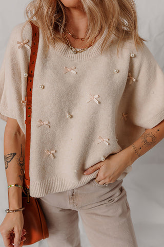 Embellished Sweater with Bow and Pearl Accents