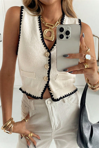 Button-Front Trimmed Knit Vest