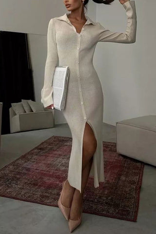 Button-Front Knit Midi Dress