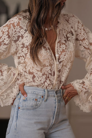 Lace Floral Button-Down Blouse