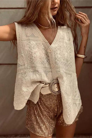 Button-Front Lace Tank Top