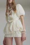 Pleated Puff-Sleeve Mini Evening Dress