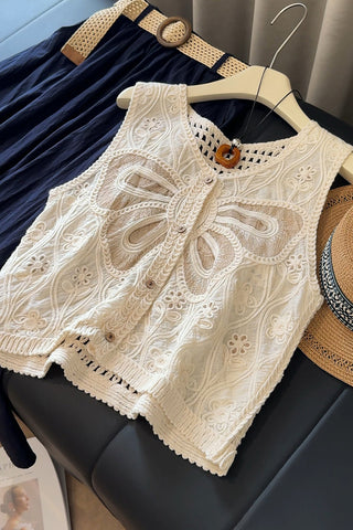 Buttoned Lace Top with Crochet Details