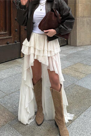 Layered Ruffle Asymmetric High-Low Skirt