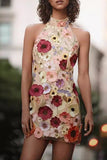 Floral Embroidered Halter Dress