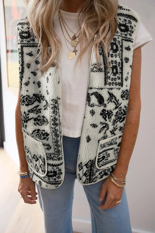 Sherpa Vest Jacket with Paisley Print