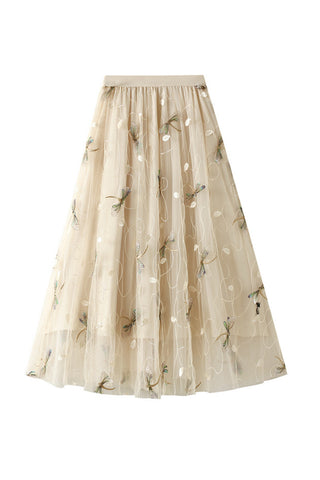 Dragonfly Maxi Skirt with Mesh Overlay