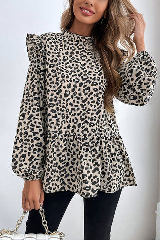 Ruffle-Shoulder Leopard Blouse