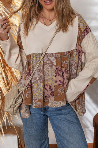 Paisley Contrast Patchwork Long Sleeve Top